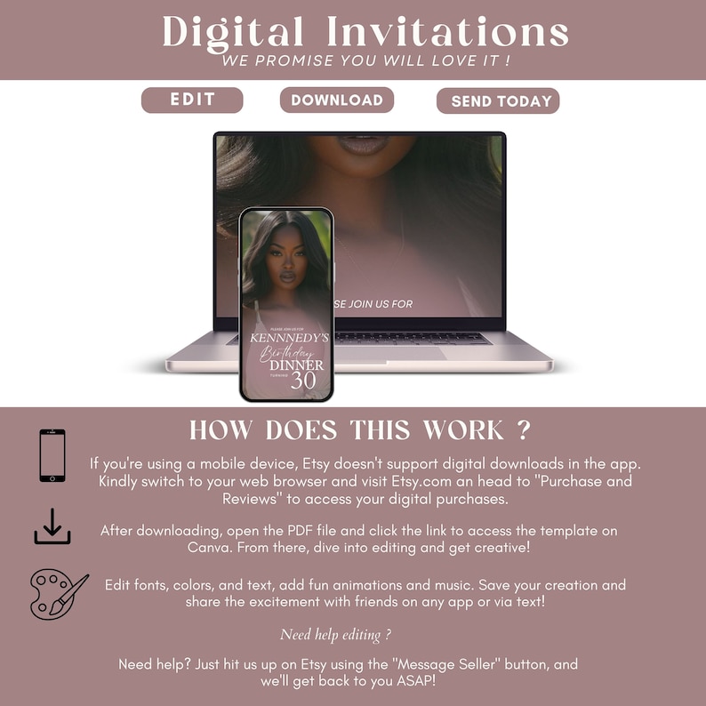 Puede incluir: Plantilla de invitaciones digitales mostrada en un port&aacute;til y un smartphone. El tel&eacute;fono muestra una invitaci&oacute;n a una cena de cumplea&ntilde;os con el texto "KENNNEDY'S Birthday Dinner 30". La imagen incluye instrucciones sobre c&oacute;mo descargar y editar la plantilla.