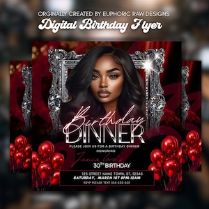 Elegant Silver Red Birthday Dinner Party Invitation, Digital Video Invite, Canva Template, Glam Dinner, Social Media Flyer, DIY Editable