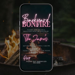 Bonfire backyard Party, Backyard Bbq, Bonfire Birthday Party, Pink and Black Birthday Bonfire Invitation For her or Him, Sleepover BBQ