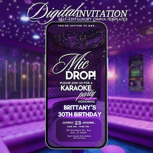 Karaoke Party Birthday Invitation, Animated Karaoke Night Invite, Digital Singing Musical Birthday Evite, Girls Night, Editable DIY Template