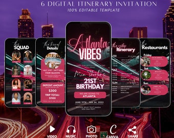 Atlanta Girls Trip Itinerary Invitation, Animated Travel Planner Template, Georgia Schedule Evite, Editable Canva Itinerary, DIY Party Plan