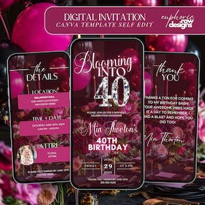 May include: Digital invitation for a 40th birthday party. The invitation features a pink and purple floral design with a large silver number 40. The text on the invitation reads "Blooming into 40" and "Mia Thornton's 40th Birthday". The invitation also includes the date and time of the party, as well as the location.