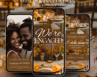 Invitación digital para fiesta de compromiso, elegante plantilla de invitación de boda editable, invitación de compromiso personalizable