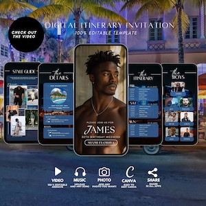 May include: A digital invitation for a 30th birthday weekend in Miami, Florida. The invitation features a photo of a man with a dark complexion and a black necklace. The text "PLEASE JOIN US FOR JAMES 30TH BIRTHDAY WEEKEND MIAMI FLORIDA" is displayed on the invitation.