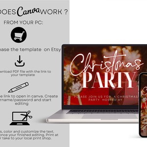 Pode incluir: Um laptop e um smartphone exibindo um convite para uma festa de Natal. A tela do laptop mostra "Christmas PARTY" em escrita branca sobre um fundo vermelho. O smartphone espelha o design. As instru&ccedil;&otilde;es sobre como usar o Canva tamb&eacute;m s&atilde;o exibidas.