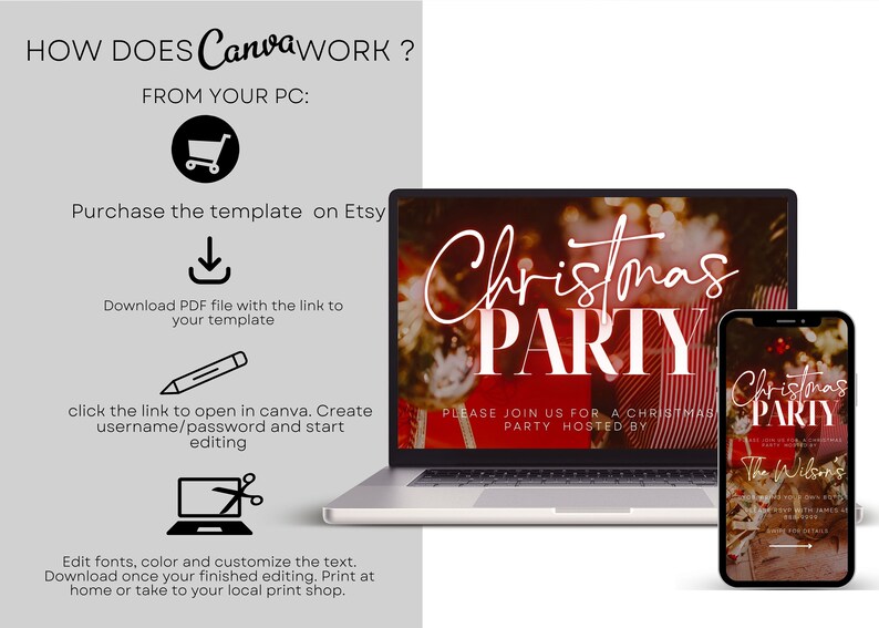 Pode incluir: Um laptop e um smartphone exibindo um convite para uma festa de Natal. A tela do laptop mostra "Christmas PARTY" em escrita branca sobre um fundo vermelho. O smartphone espelha o design. As instru&ccedil;&otilde;es sobre como usar o Canva tamb&eacute;m s&atilde;o exibidas.