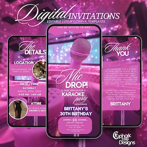 Karaoke Party Birthday Invitation, Animated Karaoke Night Invite, Digital Singing Musical Birthday Evite, Girls Night, Editable DIY Template