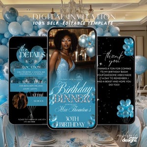 Birthday Dinner Invitation, Elegant Digital Birthday Party Invite, Light Blue Balloons Formal Affair Party, Animated Self Editable Template