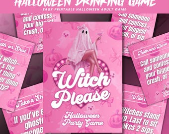 May include: Pink Halloween party game with the text "Halloween Drinking Game" and "Witch Please". The game includes cards with prompts like "Truth or Shot" and "Take a Shot". The design features a ghost and pumpkins.