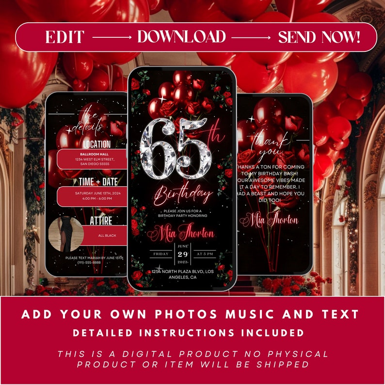 Floral 65th Birthday Invitation, Red Roses Diamonds, Editable Digital ...