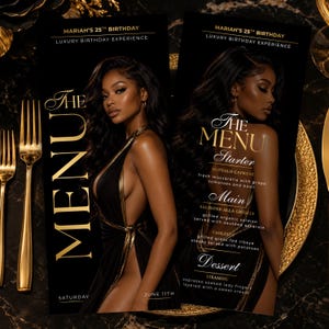Editable Gold Birthday Dinner Menu Template, Luxury Photo Menu Card, Elegant Canva Party Menu, Printable Table Decor