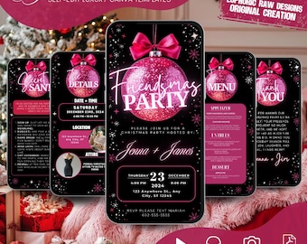May include: Digital itinerary template for a Friendsmas Party, with a black and pink design. The invitation includes event details, menu, and thank you notes. The design includes a Christmas ornament graphic and the text "Friendsmas Party".