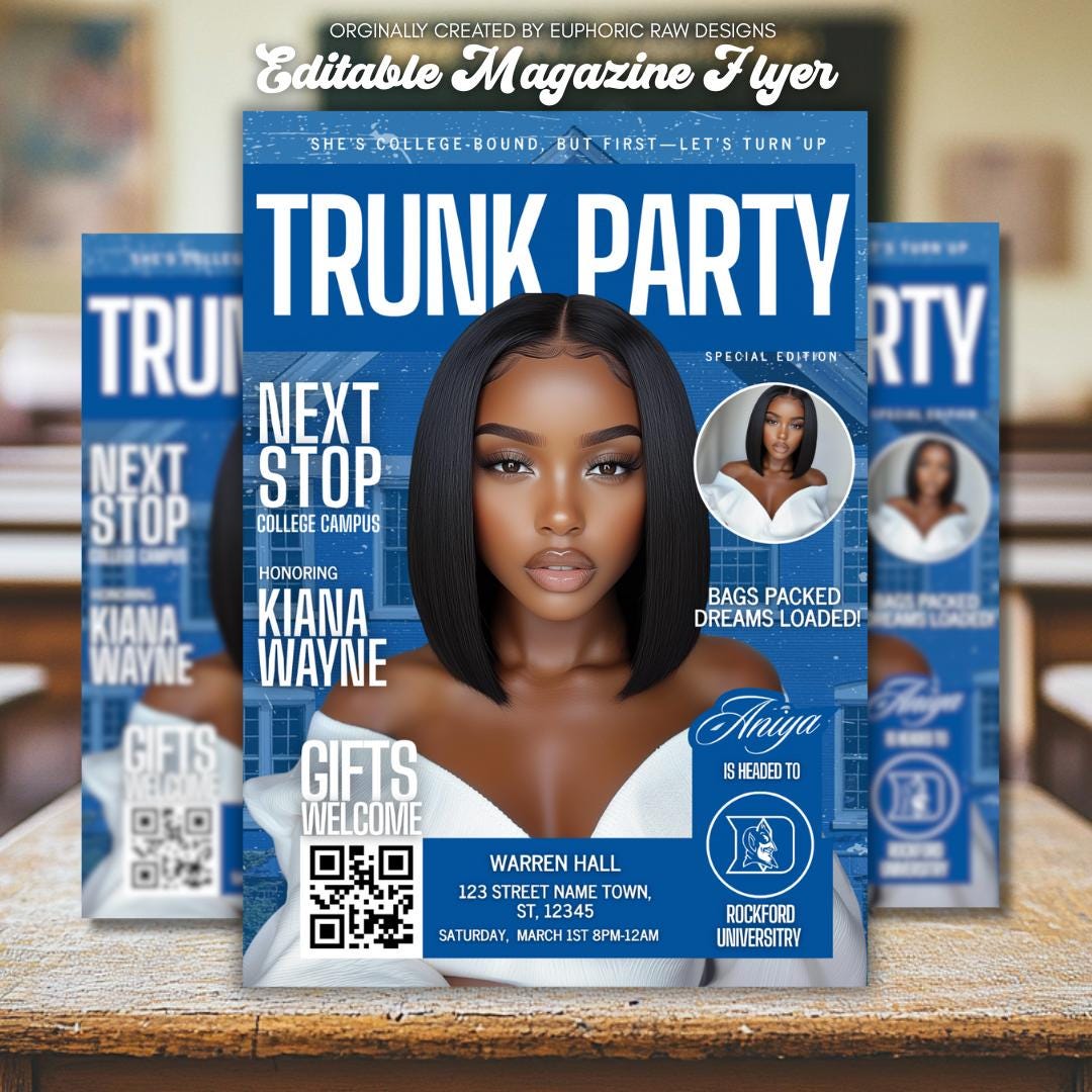 DIY Trunk Party Flyer, Blue Magazine Cover Style, Editable Invite for College Send-Off, Graduation Cookout, Farewell Bbq Bash Celebration