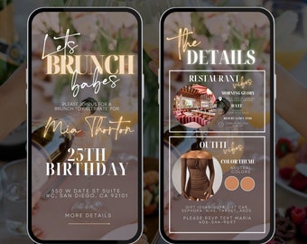 Plantilla de invitación para brunch de cumpleaños, invitación para brunch y champán, invitación digital para brunch de cumpleaños, folleto editable en Canva