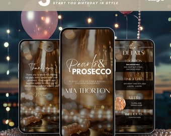 May include: Three digital invitation templates on smartphones. The templates feature elegant designs with gold and pearl accents. Text includes "Pearls & Prosecco" and event details. A pink balloon and string lights are in the background.