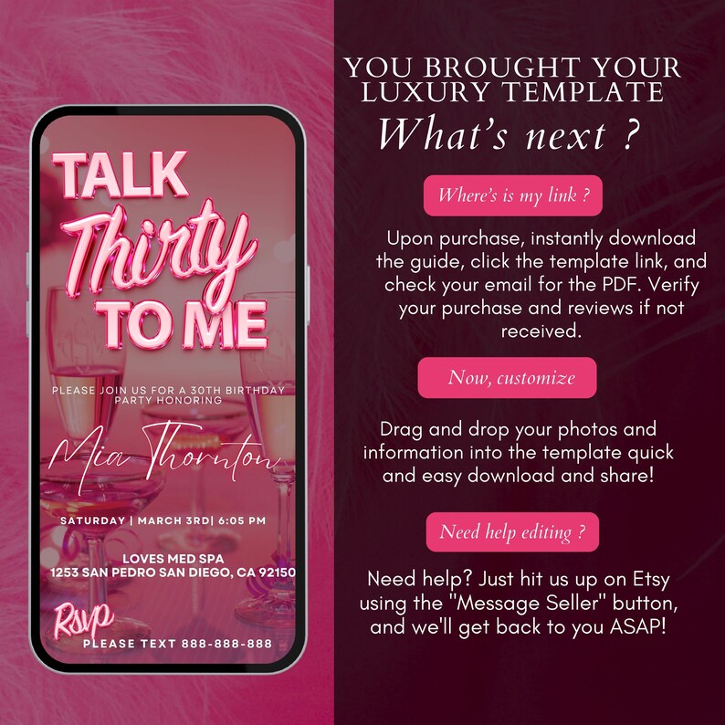 Pu&ograve; includere: Schermo del telefono digitale rosa e bianco con il testo "TALK Thirty TO ME" e uno sfondo rosa. Lo schermo mostra un invito a una festa di compleanno per Mia Thornton. L'invito include la data, l'ora, il luogo e un numero di telefono per RSVP.