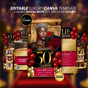 May include: A digital invitation template for a 50th birthday celebration. The design features a woman with silver hair, red balloons, and gold accents. The invitation includes event details and menu options, with the text "Mariah's 50th Birthday".
