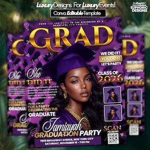 Puede incluir: Plantilla de invitación a fiesta de graduación morada y dorada. El diseño presenta un retrato de una mujer con birrete, con la palabra "GRAD" en dorado. Incluye detalles del evento: nombre, fecha, hora y lugar.