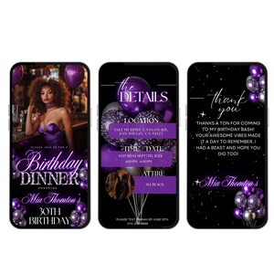 May include: Purple and silver birthday party invitation with a photo of a woman in a purple dress. The invitation includes the text "Birthday Dinner" and "Mia Thomton's 30th Birthday".