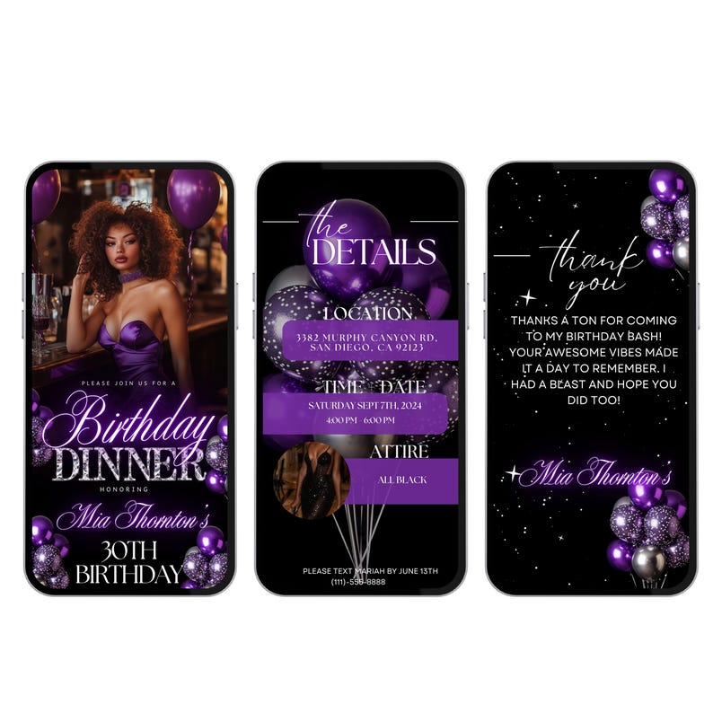 May include: Purple and silver birthday party invitation with a photo of a woman in a purple dress. The invitation includes the text "Birthday Dinner" and "Mia Thomton's 30th Birthday".