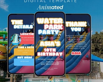 Uitnodiging voor verjaardagsfeestje waterpark: bewerkbare sjabloon waterglijbaan (digitaal)