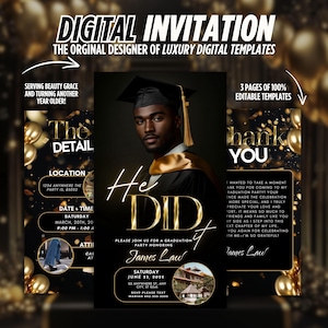 Invitación de celebración de graduación Gold He Did it, invitación digital animada de la clase de 2025 para niños, plantilla universitaria, tarjeta electrónica de escuela secundaria