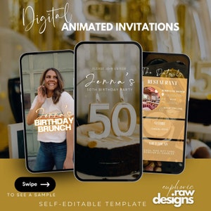 Animiertes 50.Geburtstag-Digital einladen 50.Geburtstag-Einladungsvideo, Gold und Schwarz 50 Invite Reiseplan-Einladung