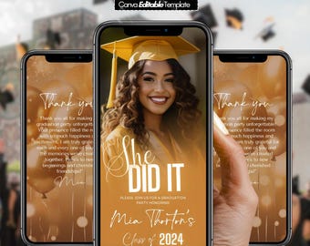 Könnte beinhalten: Drei Smartphones zeigen eine Einladung zu einer Abschlussfeier. Das zentrale Telefon zeigt eine lächelnde Frau mit Abschlusskappe. Der Text enthält "She Did It", "Mia Thorton's Class of 2024" und "Thank you". Der Hintergrund ist eine verschwommene Abschlussfeier.
