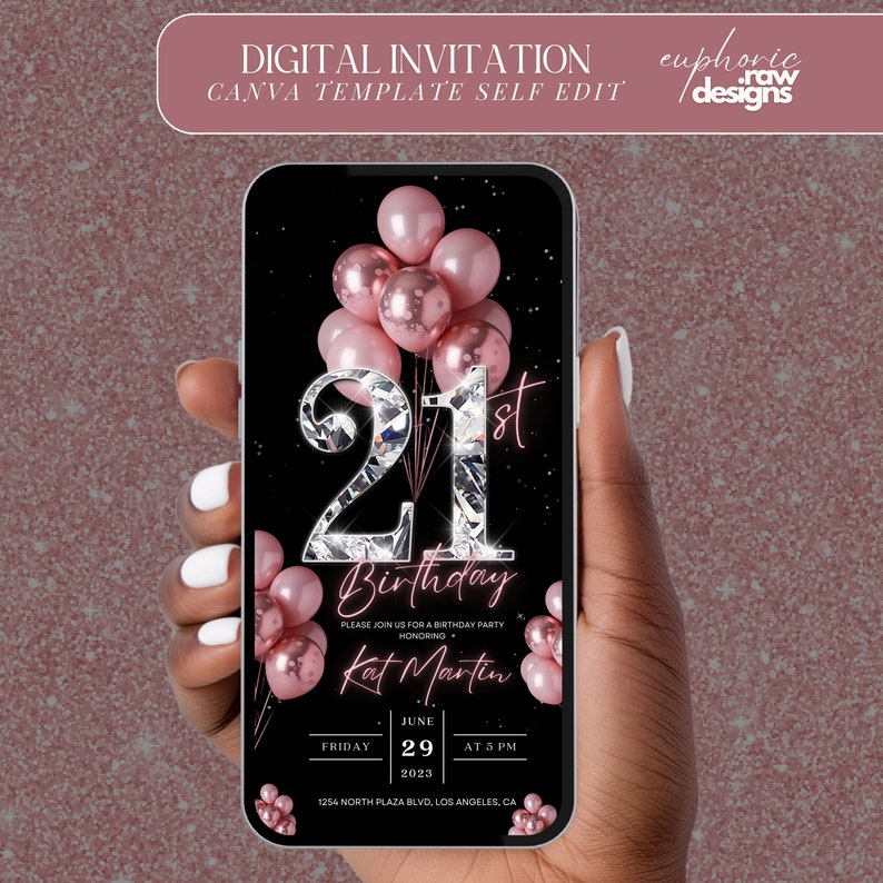 May include: Digital invitation for a 21st birthday party with a black background, a large diamond-like number 21, pink balloons, and the text "Birthday" and "Kat Martin".
