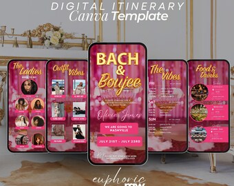 May include: A digital itinerary Canva template for a bachelorette party, featuring a pink and gold color scheme. The design includes the text "Bach & Boujee" and details for the event in Nashville, July 21st-23rd.