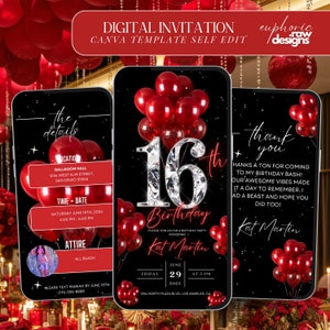Puede incluir: Una invitación digital para una fiesta de cumpleaños de 16 años. La invitación presenta un número 16 incrustado de diamantes, globos rojos y un fondo negro con estrellas. El texto de la invitación dice "16th Birthday Kat Martin".