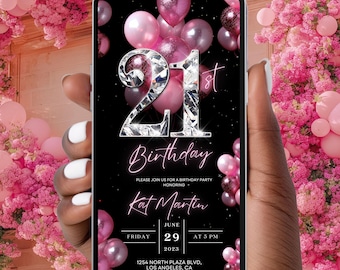 21st Birthday Party Invitation, Hot Pink Digital 21st Glam Dinner Invite Template, Diamond Video Editable Brunch Itinerary