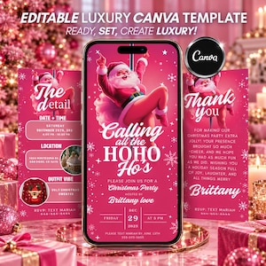 Convite divertido para o Natal entre amigas, Convite eletrônico para festa de Natal "Chamando todas as Ho Ho Hos", Noite das Meninas com Papai Noel Rosa, Modelo editável do Canva