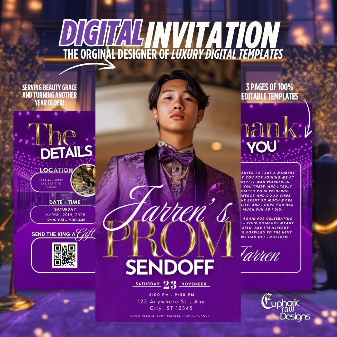 Prom Printable Purple Gold Prom Send off Invitation, Editable Flyer, DIY Prom Party ...