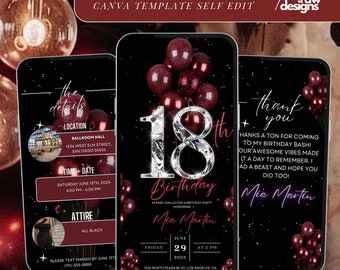 Uitnodiging voor 18e verjaardagsfeestje, kastanjebruine ballonnen digitale 18e glamourdiner uitnodigingssjabloon, 18e Diamond Video bewerkbare brunch route
