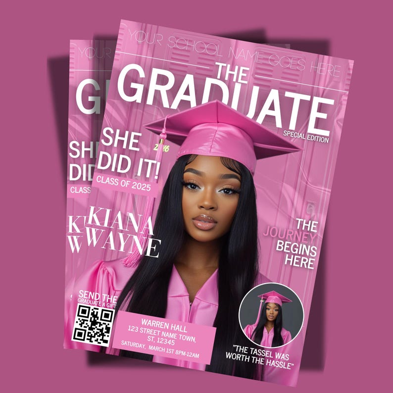 Op de afbeelding: Een roze afstudeermagazinecover met een foto van een jonge vrouw die een roze afstudeerpet en -jurk draagt. De tekst op de omslag luidt "The Graduate" en "She Did It! Class of 2025".