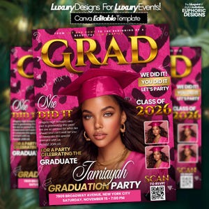 Puede incluir: Plantilla de invitación a una fiesta de graduación rosa con una foto de una mujer con birrete. La invitación incluye el texto "GRAD", "Clase de 2026" y detalles de la fiesta. El diseño presenta un fondo de estampado de leopardo.