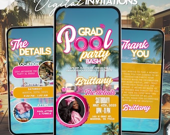 Puede incluir: Tres invitaciones digitales para una fiesta de graduación en la piscina. La primera invitación tiene un fondo de piscina azul y blanco con el texto "The Details" e información sobre la ubicación, la fecha y la hora de la fiesta. La segunda invitación tiene un fondo de piscina azul y blanco con el texto "Grad Pool Party Bash" y el nombre "Brittany". La tercera invitación tiene un fondo de piscina azul y blanco con el texto "Thank You" y el nombre "Brittany".