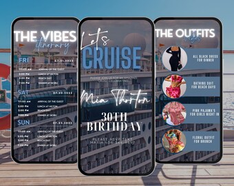 Pode incluir: Um convite para um cruzeiro com um esquema de cores azul e branco. O convite inclui uma programação de eventos para uma celebração de aniversário de 30 anos. O texto no convite diz "Let's Cruise" e "Mia Thorton 30th Birthday".