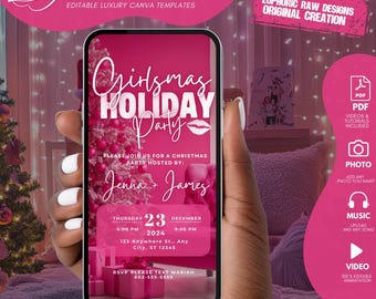 May include: A pink smartphone shows a Christmas party invitation with the text "Girlsmas Holiday Party." The invitation includes the date, time, and location. The design features a pink Christmas tree and a lipstick graphic. The phone is held in a hand.