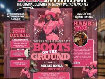 Boots on the Ground Cowgirl Invite, Editable Western Birthday Template, Evite Trail Ride Theme, Canva, Text or Email, Cow Print