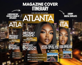Atlanta Travel Itinerary Invitation, ATL Girls Trip, Magazine Cover, Birthday Girl Editable Template, Birthday Weekend, Girls Trip Itinerary