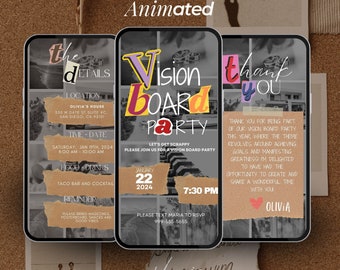 May include: Digital itinerary design for a Vision Board Party, displayed on three smartphone screens. The design features text, images, and torn paper elements. The event details include the date, time, location, and RSVP information.