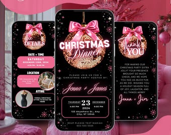 May include: Digital Christmas dinner invitation templates. The design features a black background with a gold sequined bauble and a pink bow. The invitation includes event details and a thank you message.