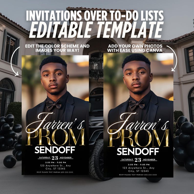 Black Gold Prom Send Off Digital Invitation, Boys Editable Flyer Template, King Prom Party Invite, Men DIY Graduation Celebration Animated image 3