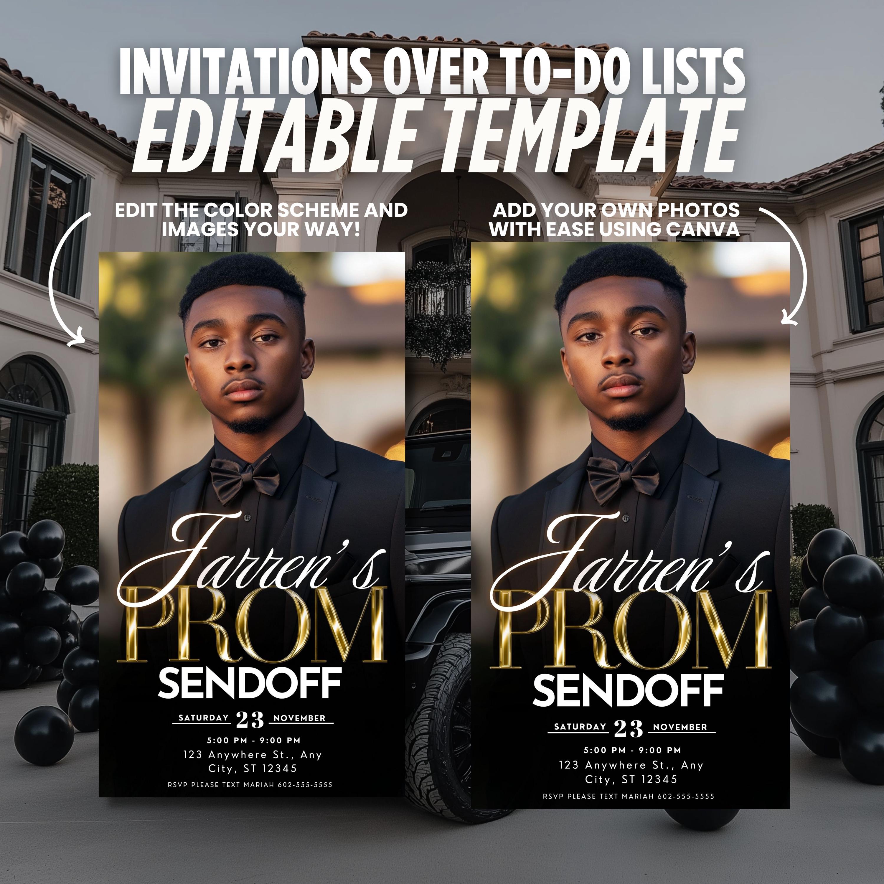Black Gold Prom Send off Digital Invitation, Boys Editable Flyer ...