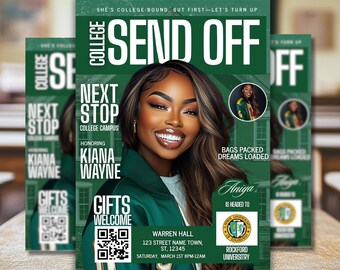 Editable College Send Off Evite, Farewell Party Invite, DIY Trunk Party Flyer, Green Magazine Cover, Goodbye Graduation Celebration