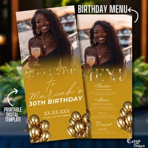 Customizable Digital Birthday Menu, Gold Canva Template, Dinner Table Decor, Editable Event Menu for Birthday Celebrations