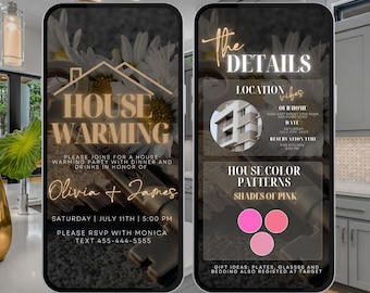May include: A digital invitation for a housewarming party with the text "House Warming" in gold lettering. The invitation includes the names Olivia and James, the date and time of the party, and the address of the home. The invitation also includes a section for gift ideas, which includes plates, glasses, and bedding.