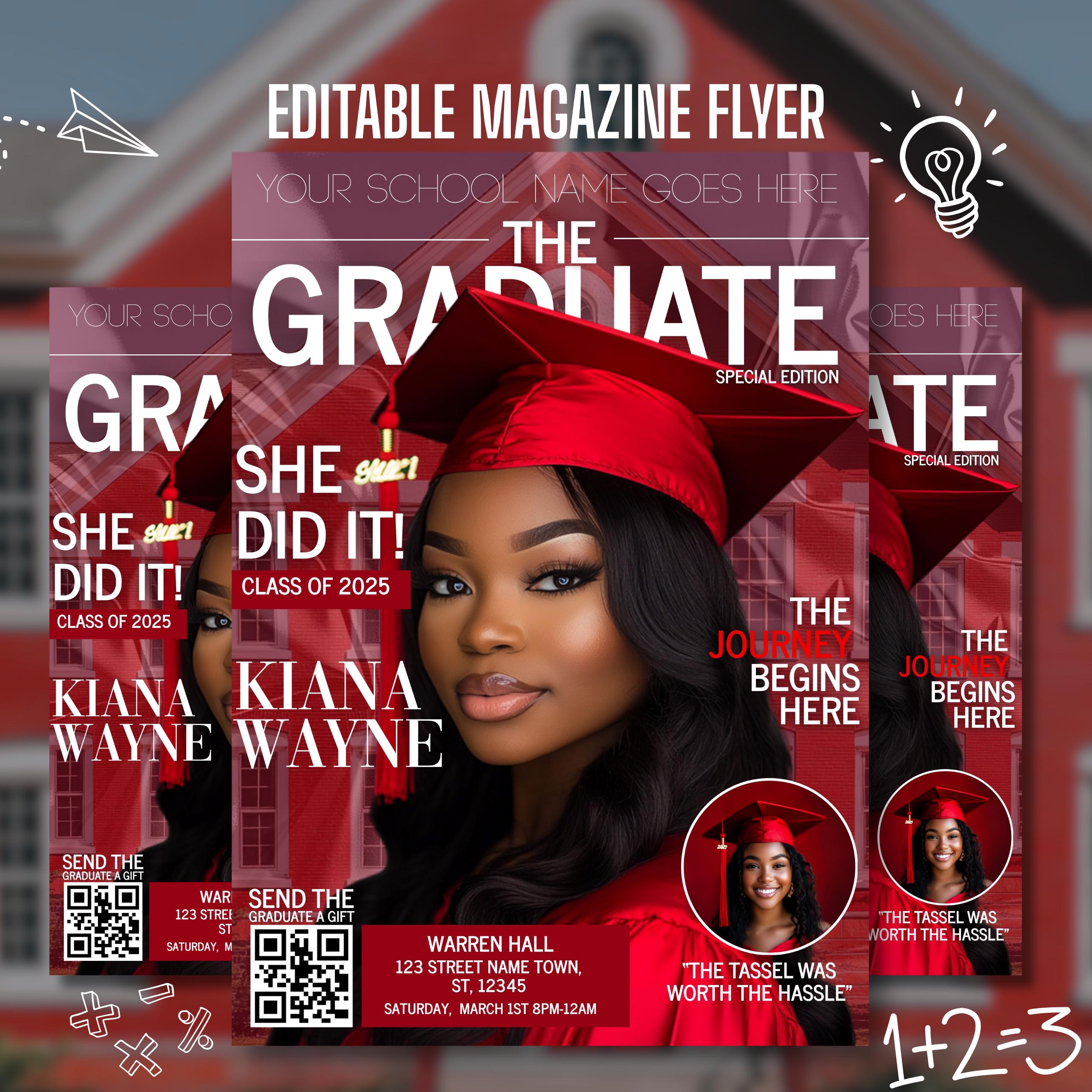 Graduation Invite Magazine Style, Red DIY Editable Flyer Template, Class of 2025 Graduation Celebration, Premade Event Flyer Design